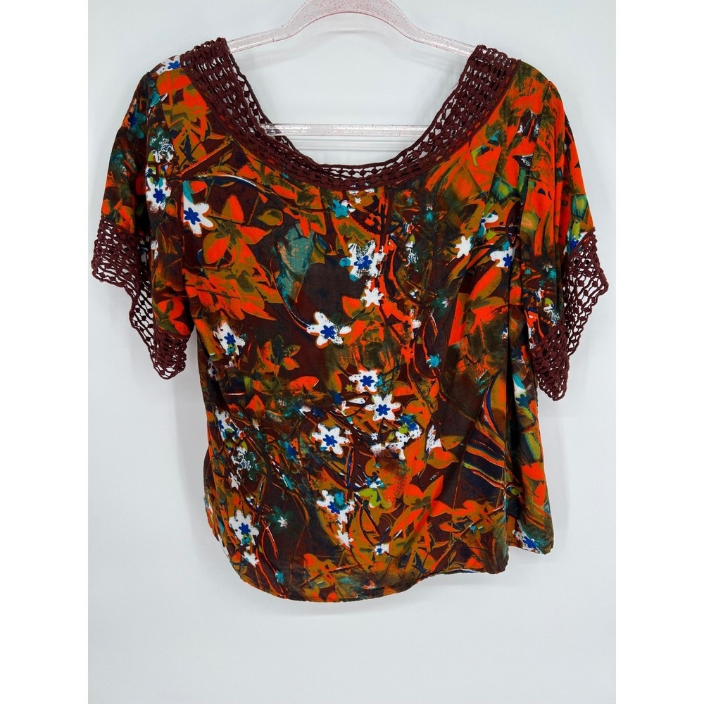 Unique Spectrum Floral Crochet Trim Blouse Short Sleeve Top Orange Red L - Picture 4 of 9
